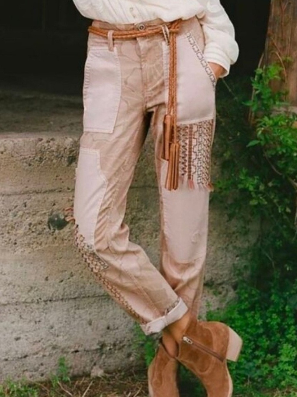Anthropology’s  Pilcro Neutral Patchwork Wide-Leg Jeans in Beige and Cream
